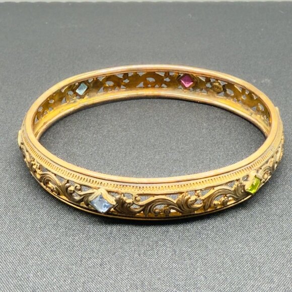Vintage Filigree Gold and Glass Gem Bangle Bracelet Signed PB&R - Picture 2 of 9